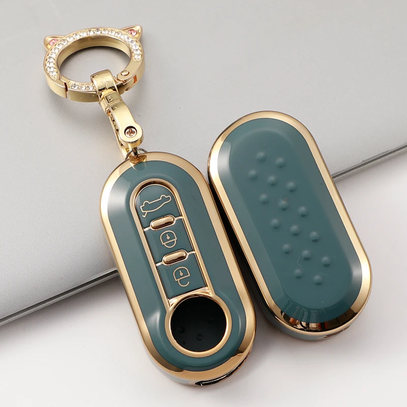 

For Fiat 500 TPU Gold Edge 3 Buttons Car Flip Folding Key Case Cover Remote Key Shell Holder Protecor Keychain Accessories