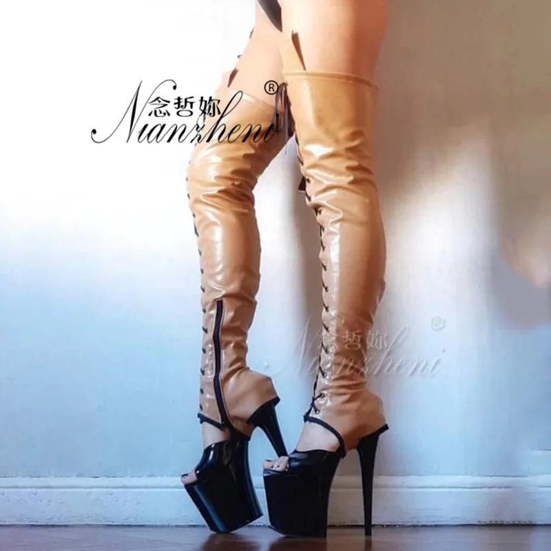 Змеиная кожа съемная 20 см каблуки шнурки коленные сапоги 8 дюймов открытые пальцы