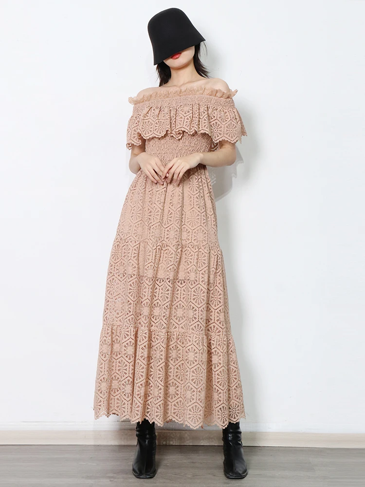 

Ruffles Lace Women Long Dress Slash Neck Off Shoulder High Waist Solid Birthday Dresses Female Fashion Clothing