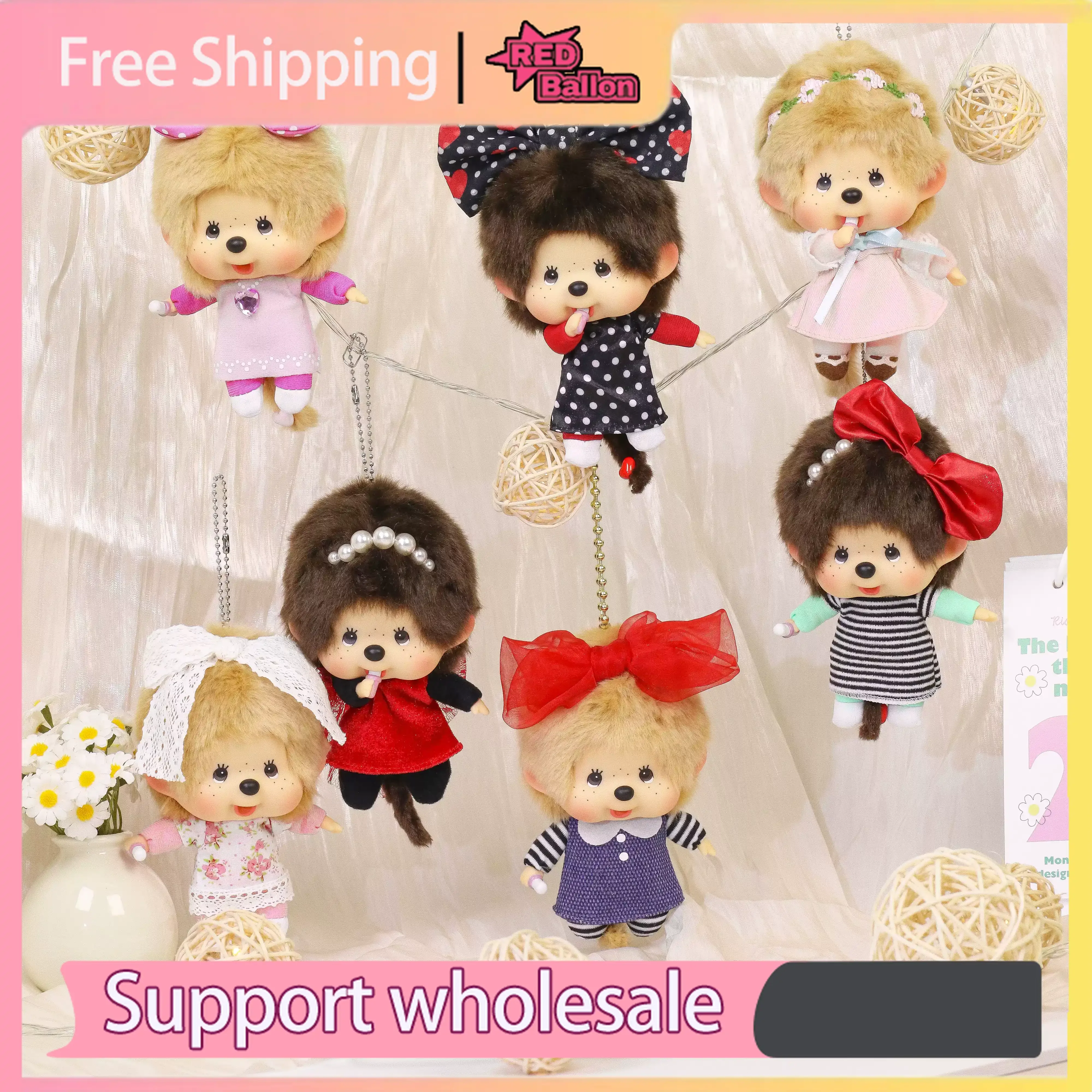 Фото Новинка: плюшевая кукла-брелок Monchhichi «Девочка-фермерша» с большим бантом и розовым сердцем из страз, подарок для девочек №3