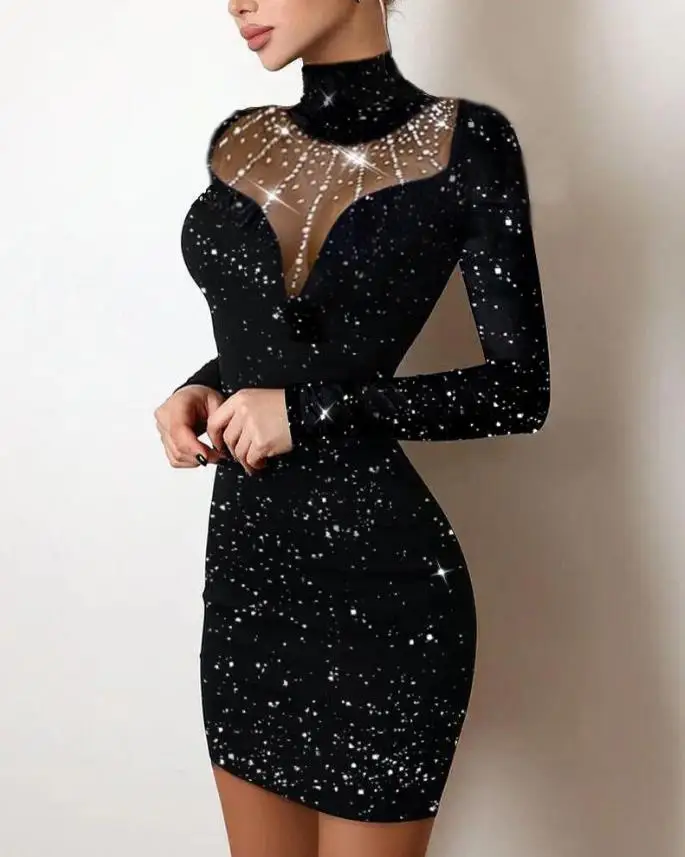 

Contrast Mesh Long Sleeve Glitter Bodycon Dress