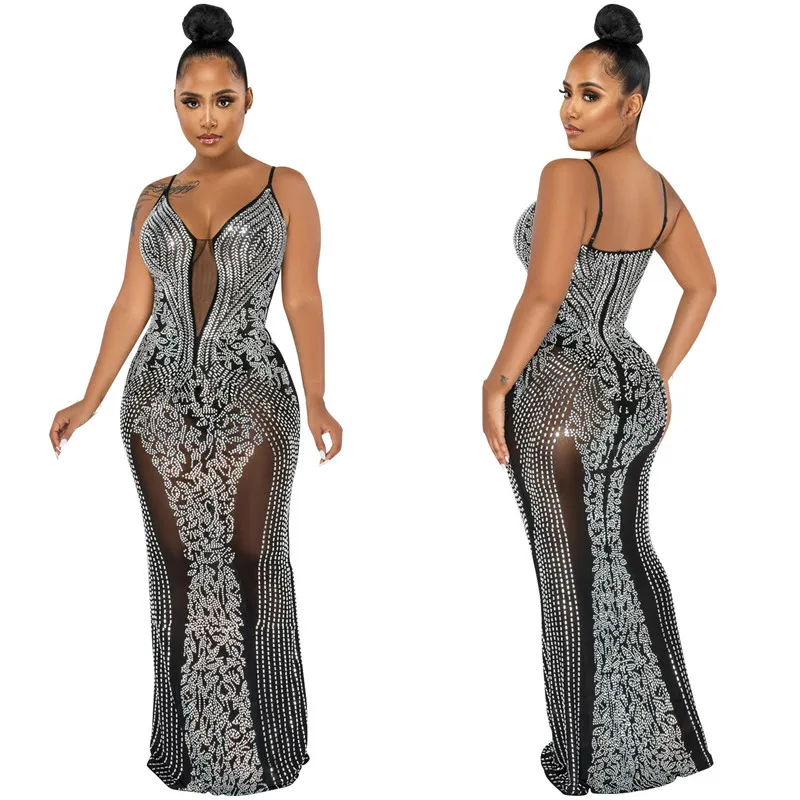 

WUHE Sparkle Black Mesh Rhinestones Maxi Dress Glam Sleeveless See-Through Crystal Sequins Party Birthday Outfits