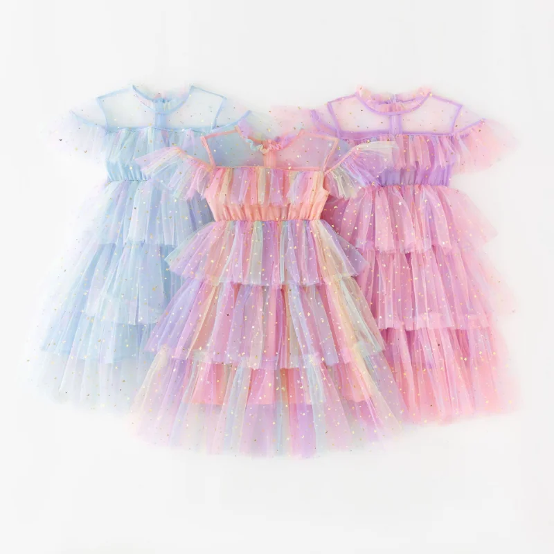 Платье для девочек с блестками и звездами Радужное Сетчатое Модное детское
