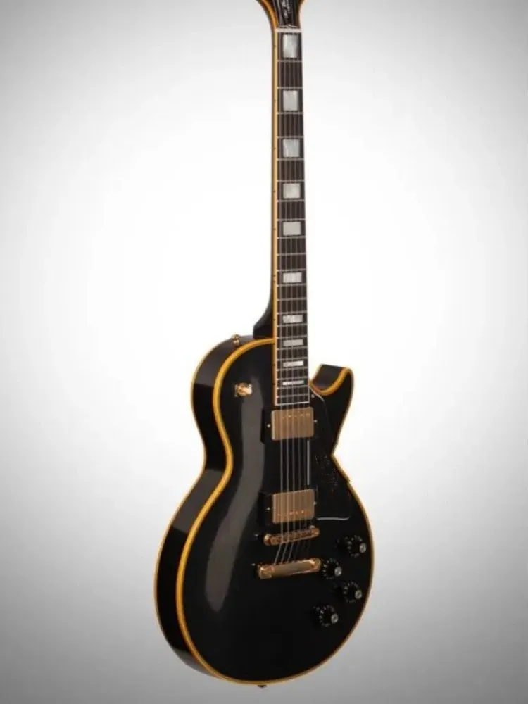 

2023 New Arrival!!! Magic Black Color LP Electric Guitar, Solid Body, Yellow Celluloid Binding, Ebony Fretboard, Binding Frets,