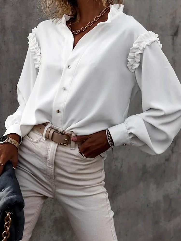 

Женская винтажная Блузка с оборками, однотонная элегантная рубашка в стиле пэчворк, женская блузка с длинным рукавом, однобортная рубашка с...