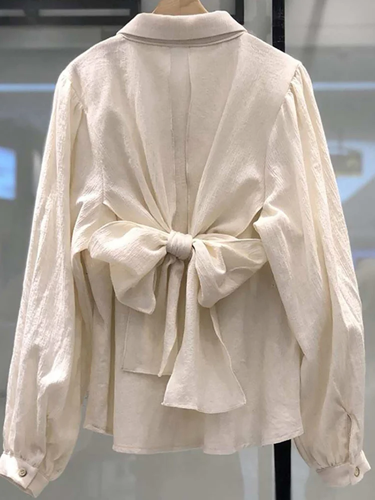 

Корейская рубашка с бантом на спине, Женская свободная однотонная блузка с отложным воротником, топ, Новинка весна-осень 2023, блузы с длинным рукавом H211