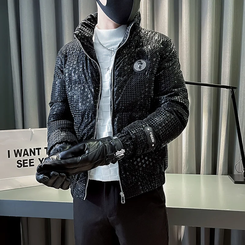 Winter Luxurious Sequin Men Jackets Thicken Warm Stand Collar Casual Puffer Parkas Overcoat Windproof Streetwear Men Clothing