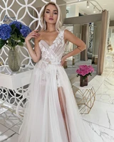 tulle wedding dresses side split a line sleeveless one shoulder lace appliques belt formal bohemian bridal gowns robes du soir