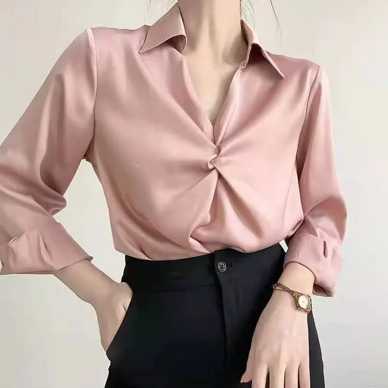 

New 2022 Spring Korean Women Shirts Silk Blouses For Women Satin Shirts Woman Long Sleeve Office Elegant Pink Blouse Ladies Tops