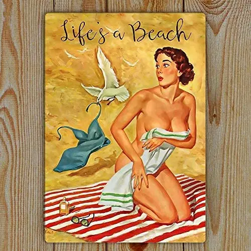 

Funny Metal Tin Sign Pin Up Girl Life's A Beach for Pub Home Retro Poster Men Cave Cafe Art 12x8 Inch