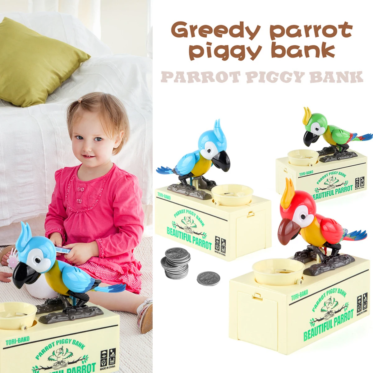 

Parrot Coin Bank for 20-40 Coins Storage Electric Parrot Piggy Bank Battery Operated Coin Box with Realistic Eating Action