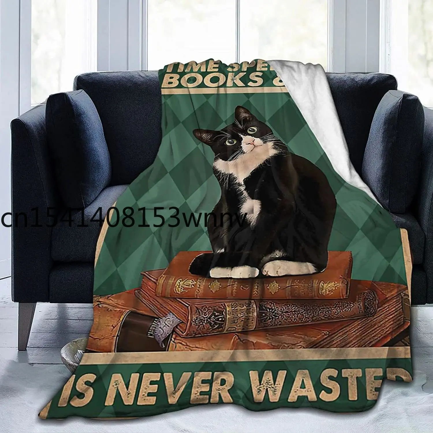 

Throw Blanket Time Spent with Books and Cats is Never Wasted Animal UltraSoft Flannel Fleece Warm Couch Sofa Bed Living Blanket