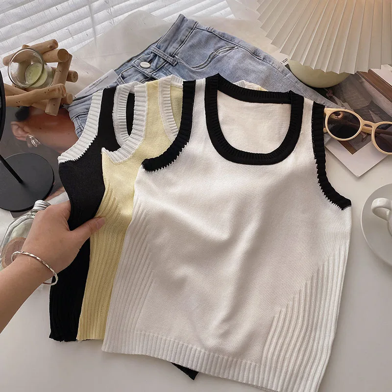 Rin Confa Summer New Style Chic Knitting Top Women Assorted Colors Round Collar Sleeveless Short Crop Top  Pretty All-Match Ves