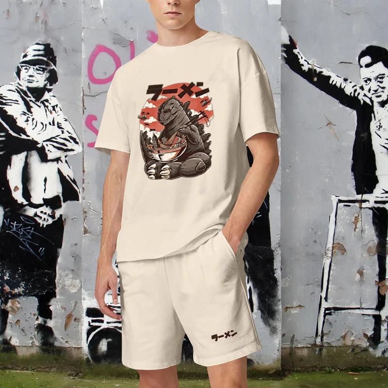 Summer New Men Sports Suit Japanese Anime Graphics Print Tracksuit Cotton Man T Shirt Shorts 2 Piece Sets Workout Sportswear