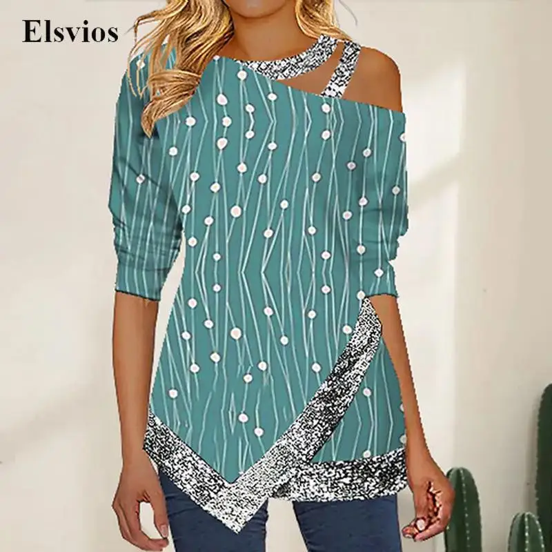 

Female Vintage Patchwork Glitter Polka Dot Blouse Casual Long Sleeve Loose Pullover Top Women Sexy Hollow Out Off Shoulder Shirt