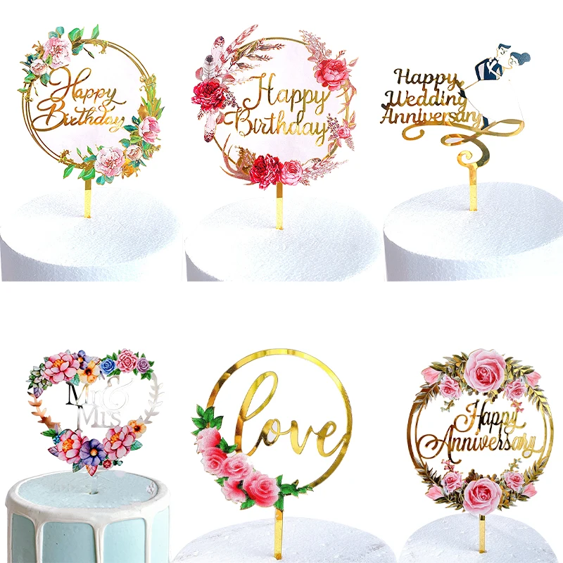

Happy Birthday Cake Topper Flowers Acrylic Straw Toppers Cake Decorating Tools Birthday Anniversary Party Decorating Supplies