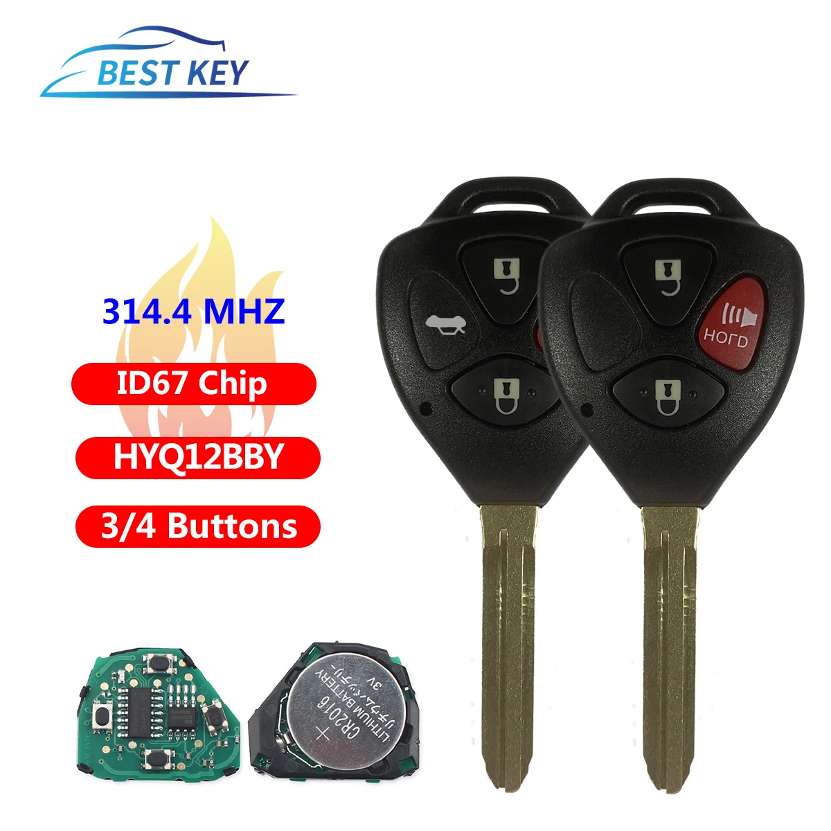 

BEST KEY Smart Remote Car Key Fob 314.4Mhz HYQ12BBY ID67 Chip 3 Buttons For Toyota RAV4/Hilux/Camry Car Auto Remote Contol Key