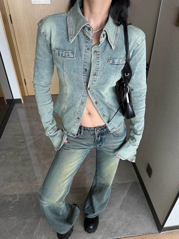 [YOZOU] винтажное приталенное стильное джинсовое пальто куртки женская рубашка
