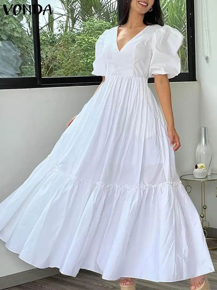 

VONDA Summer Evening Party Maxi Dress Women Sexy V-Neck Ruffled Shirt Sundress 2023 Elegant Puff Sleeve Zipper Holiday Robe