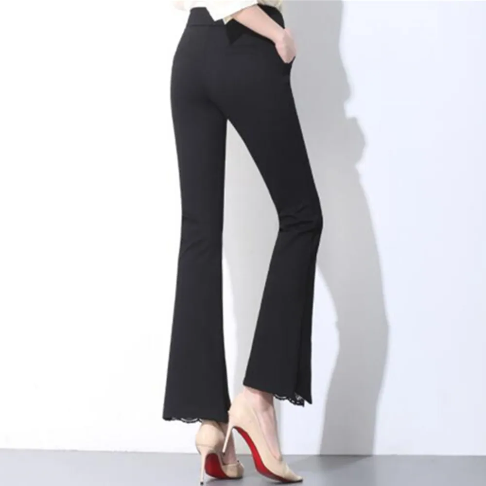 

Брюки-клеш Женские в стиле Харадзюку, винтажные однотонные облегающие штаны с колокольчиком, офисные длинные черные Ретро штаны с высокой т...