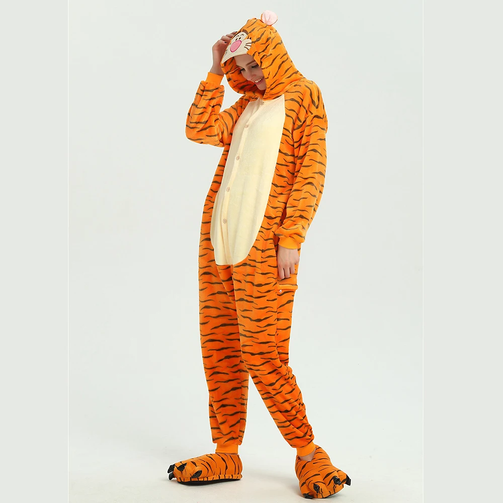 Unisex Adult Onesie Tiger Pajamas Set Flannel Cartoon Cosplay Animal One Piece Halloween Costume Sleepwear Christmas Homewear