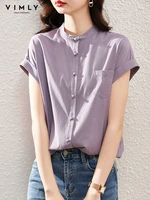vimly elegant blouse for women 2022 summer short sleeve stand collar single breasted blouse fashion korean female clothing v3181