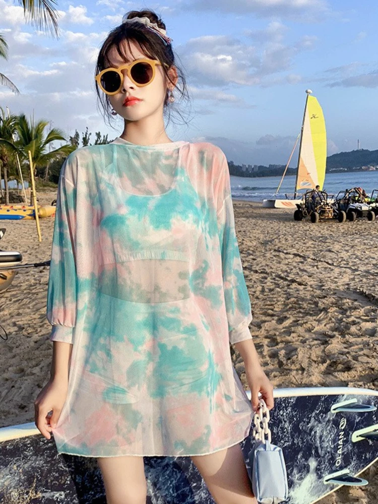 

Swimsuit Women Tie Dye Print 3 Piece Set 2022 Conservative Korean Large Size Meat Covering Long Sleeve Cross Border Swimwear