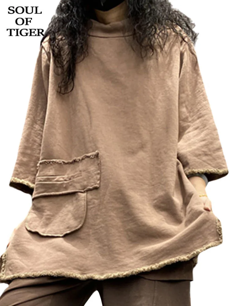 

SOUL OF TIGER Korean Winter Fashion Tops Womens Loose Vintage Turtleneck Tee Shirts Ladies Luxury Harajuku Casual Cotton Clothes