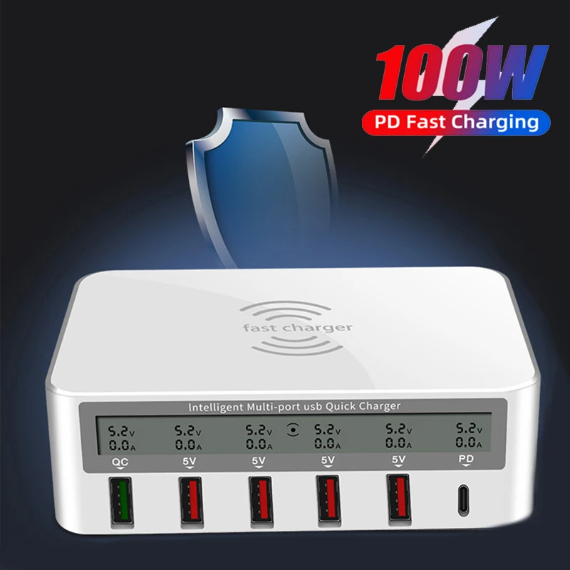 

100W 6 Ports USB Charger QI Wireless Charger For iPhone 13 12 Samsung Xiaomi QC3.0 Fast Charger USB C PD Quick Charging Station