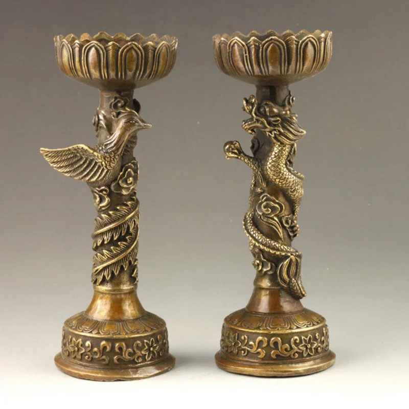 

Antique Bronze Dragon Phoenix City Auspicious Copper Candle Holder Home Decoration Ornaments