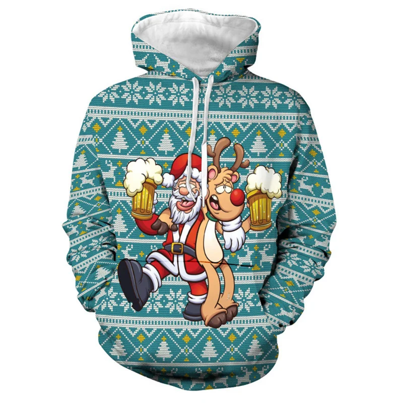 3D Printed Santa Claus Deer Beer Hoodies For Men Christmas Pattern Pullovers Casual Hooded Long Sleeves Sweatshirts Loose Tops