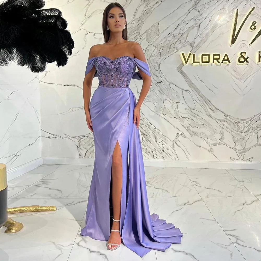 

Xijun Lavender Sequin Beading Satin Mermaid Prom Dresses High Side Split Pleat Ruched Evening Dress Wedding Party Gown 2022