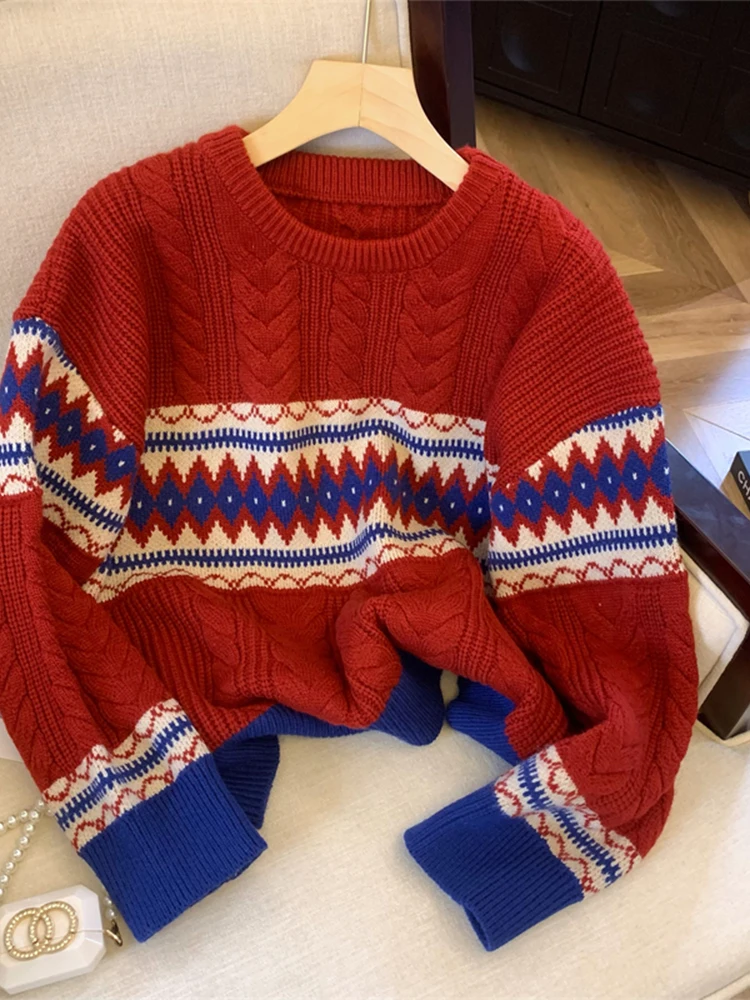 Женский рождественский красный пуловер свитер в стиле Харадзюку корейский