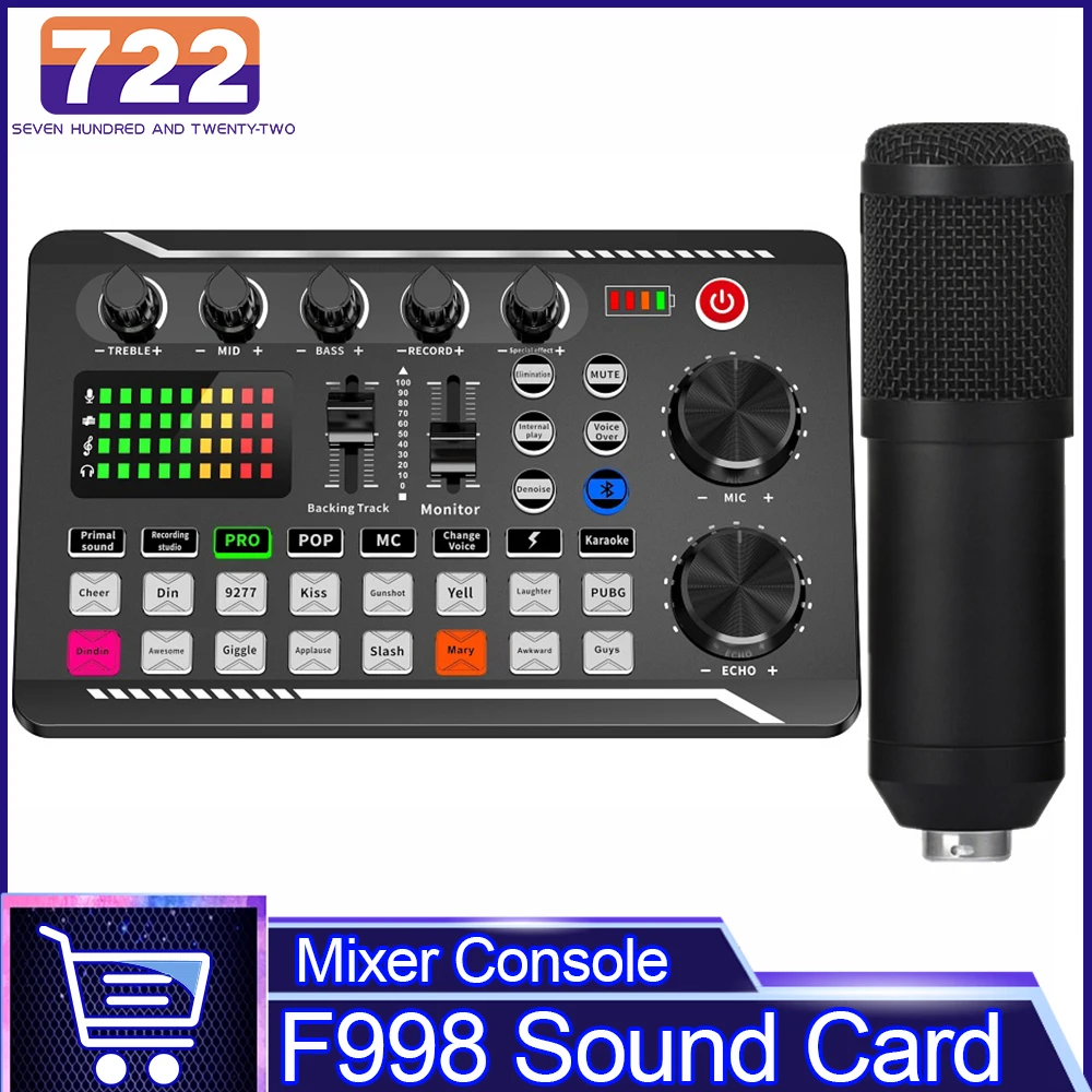 DJ Equipment Microphone Sound Card Console Studio Bluetooth Sound Card Kit Cable Phone Mixing Computer Live Voice Mixer F998