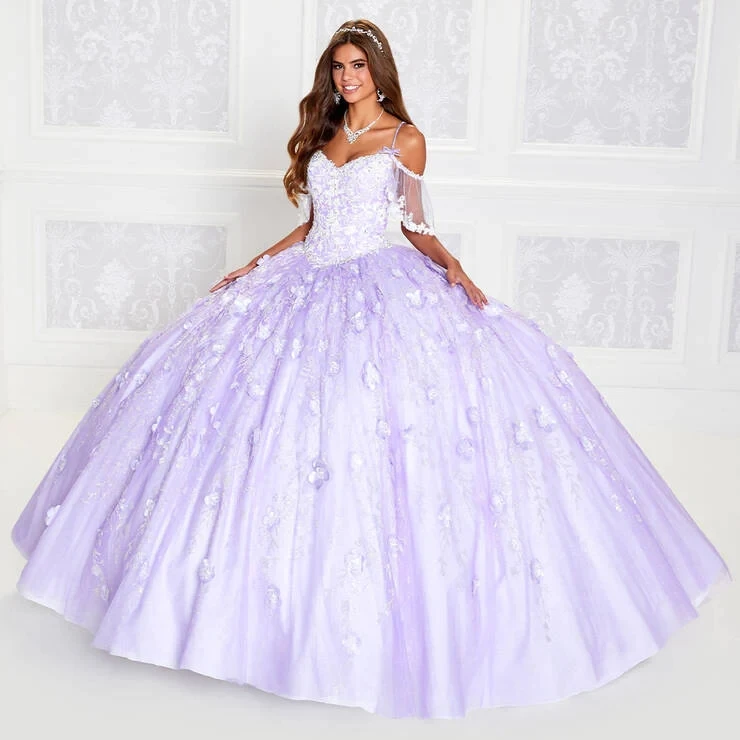 

Lavender Puffy Quinceanera Dresses Ball Gown Off The Shoulder Tulle Appliques Beaded Mexican Sweet 16 Dresses 15 Anos