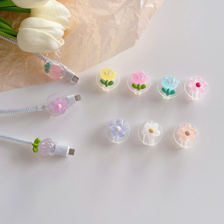 

for USB Cable Bite Protector Data Line Cord Flowers Tulip Soft TPU Cover for iPhone Android Type-C Apple Lighting Charging 1PCS