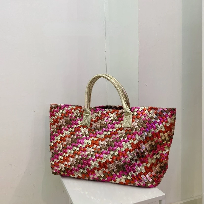 

New Arrival Fashion Rainbow Gold Weave Handbags Women Large Totes Big Shopping Bag Top Quality Faux Leather Shoulder Bags Purse