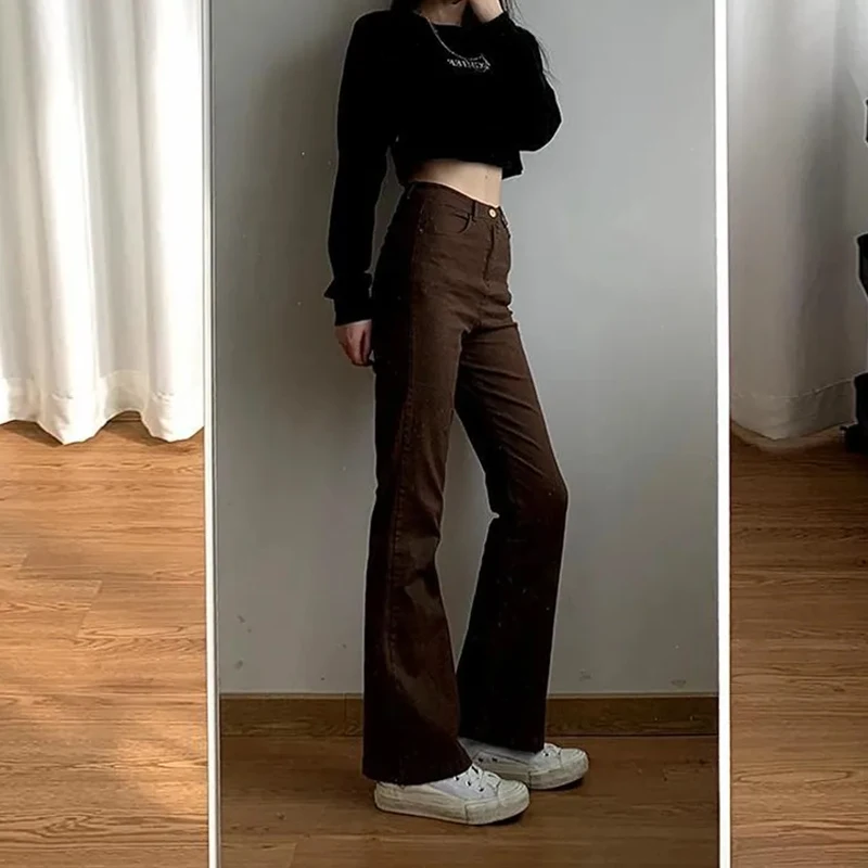 

YOUYIDE Women Jeans Brown Denim Flared Pants Fashion Straight Retro Spring Autumn Trousers High Waist Korean Style Street