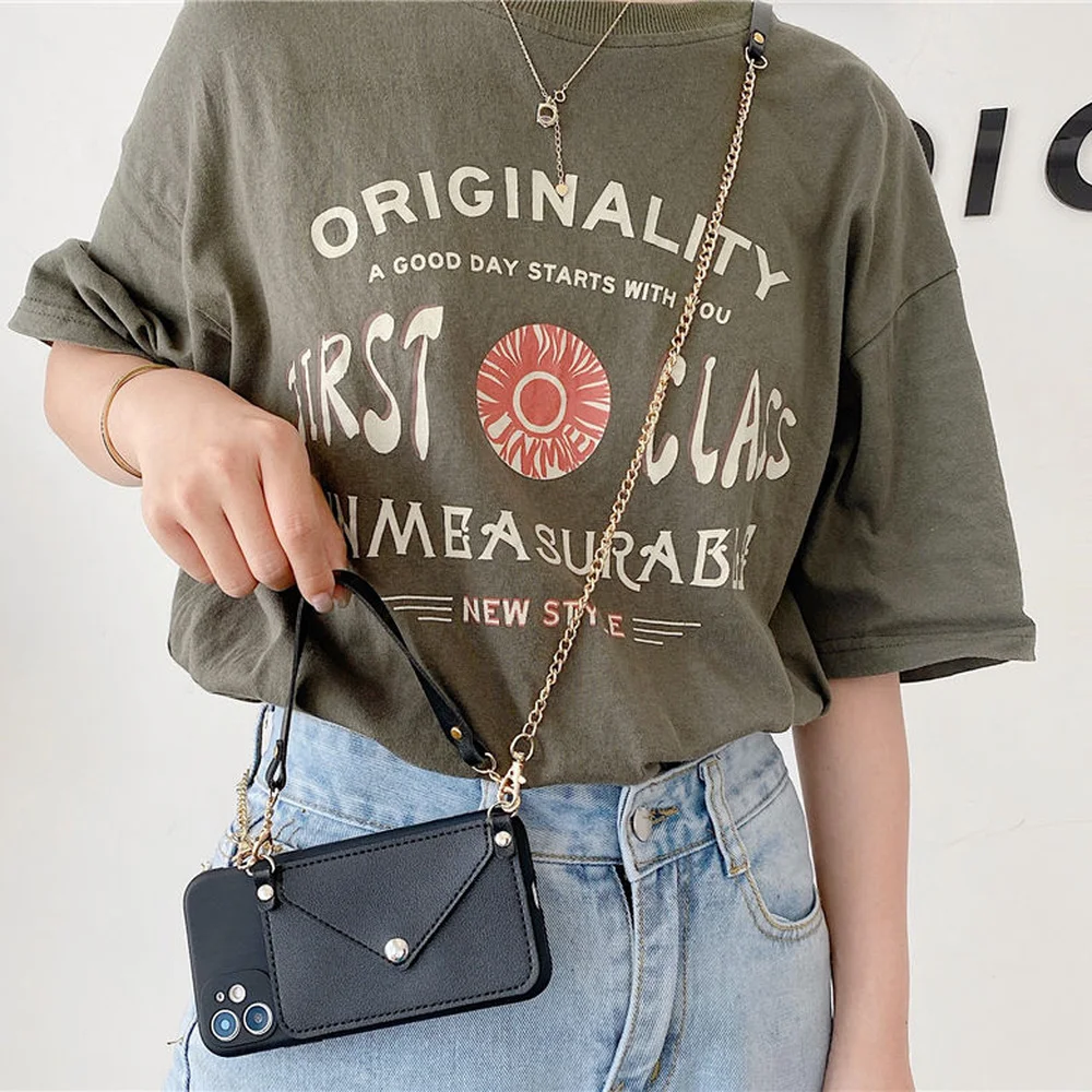 

Crossbody Wallet Case For iPhone 13 12 Mini 11 Pro XS Max X XR 6 7 8 Plus Leather Card Holder Lanyard Necklace Chain Rope Cover