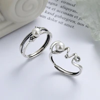 s925 sterling silver womens ring version five pointed star stitching pearl line asymmetric finger ring adjustable jewelry