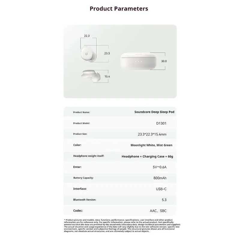 Беспроводные Bluetooth-наушники Soundcore Sleep A30 - шумоподавление до -30 дБ, высокочастотное шумоподавление ANC, компактные внутриканальные наушники, 800 мАч (art.: 3920db8dacec6) - 3920db8dacec6