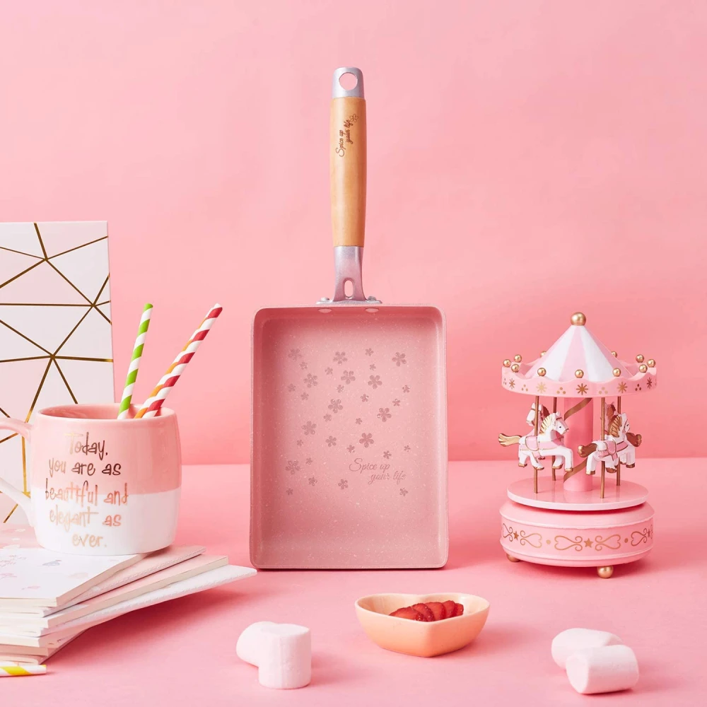 MLIA Japanese Omelette Pan Nonstick Tamagoyaki Egg Rectangle Small Black Non-Stick Frying Pancake Kitchen Pot Pink | Дом и сад