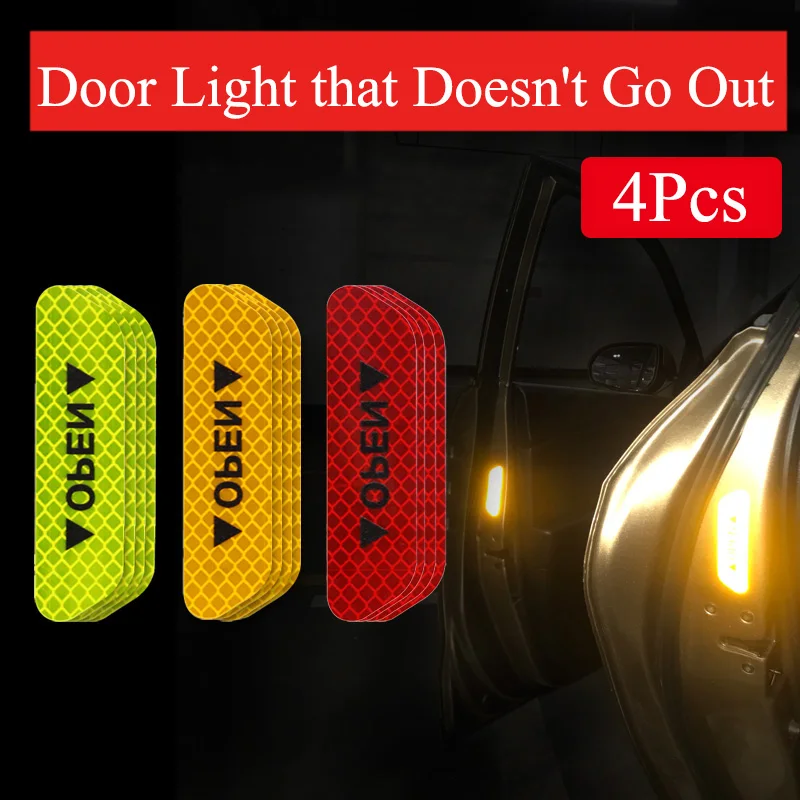 

4PCS/set Car Door Stickers Universal Safety Warning Mark OPEN High Reflective Tape Auto Driving Safety Reflective Strips