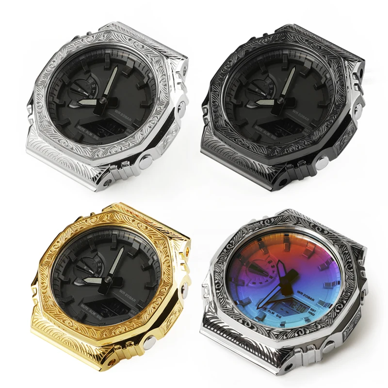 Carved Pattern GA2100 GA2110 Refit Mod Kit For Casioak Watch Metal Case Bezel Rubber Strap Band With Modification Tools