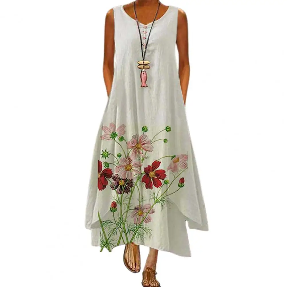 

Casual Women Dress Long Round Neck Irregular Hem Dress Round Neck Women Maxi Dress for Holiday
