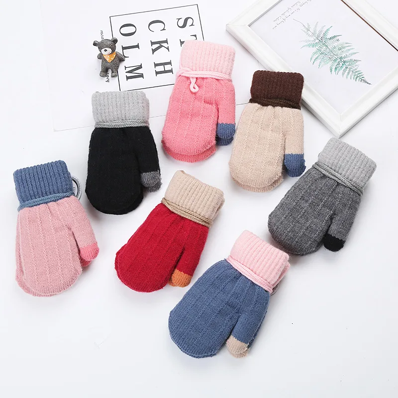 

New Baby Winter Gloves With Rope Warm Full Finger Thicken Plus Velvet Kids Mittens Boys Girls Children Gloves