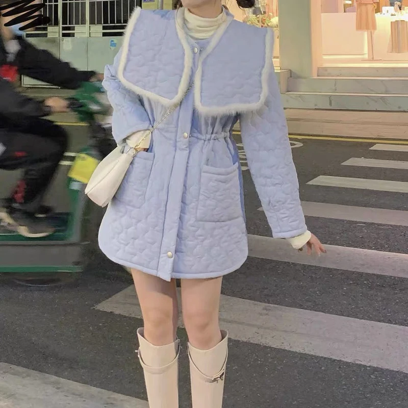 

M GIRLS Women Blue Elegant Sailor Collar Warm Parkas Lady Pocket Cute Cotton-Padded Korean Female Winter Warm New Outwears