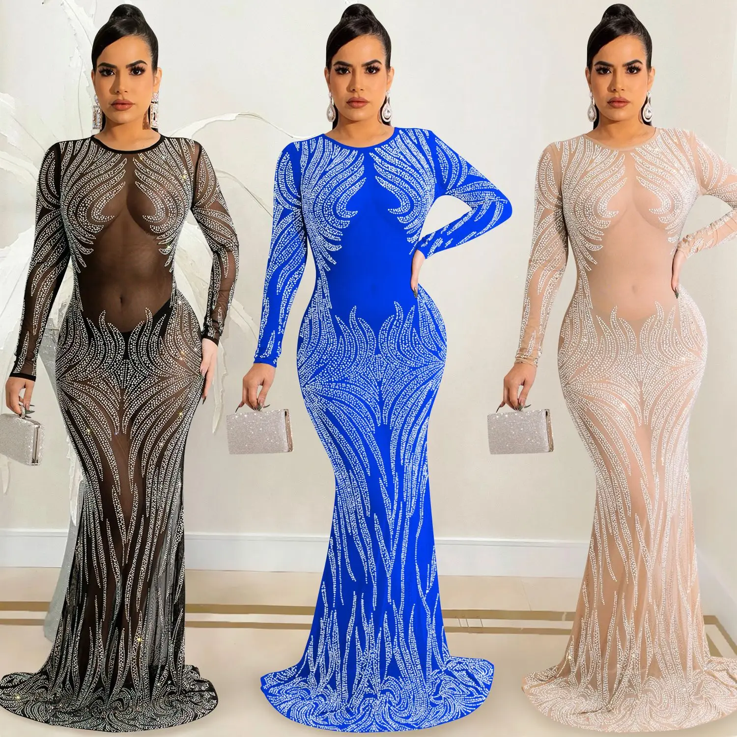 

2022 Hot Sale Women Stretch O-neck Fashion Bling Bling Full Sleeve Party Night Club Bandage Jumpsuits Robe Full Pant Rompers