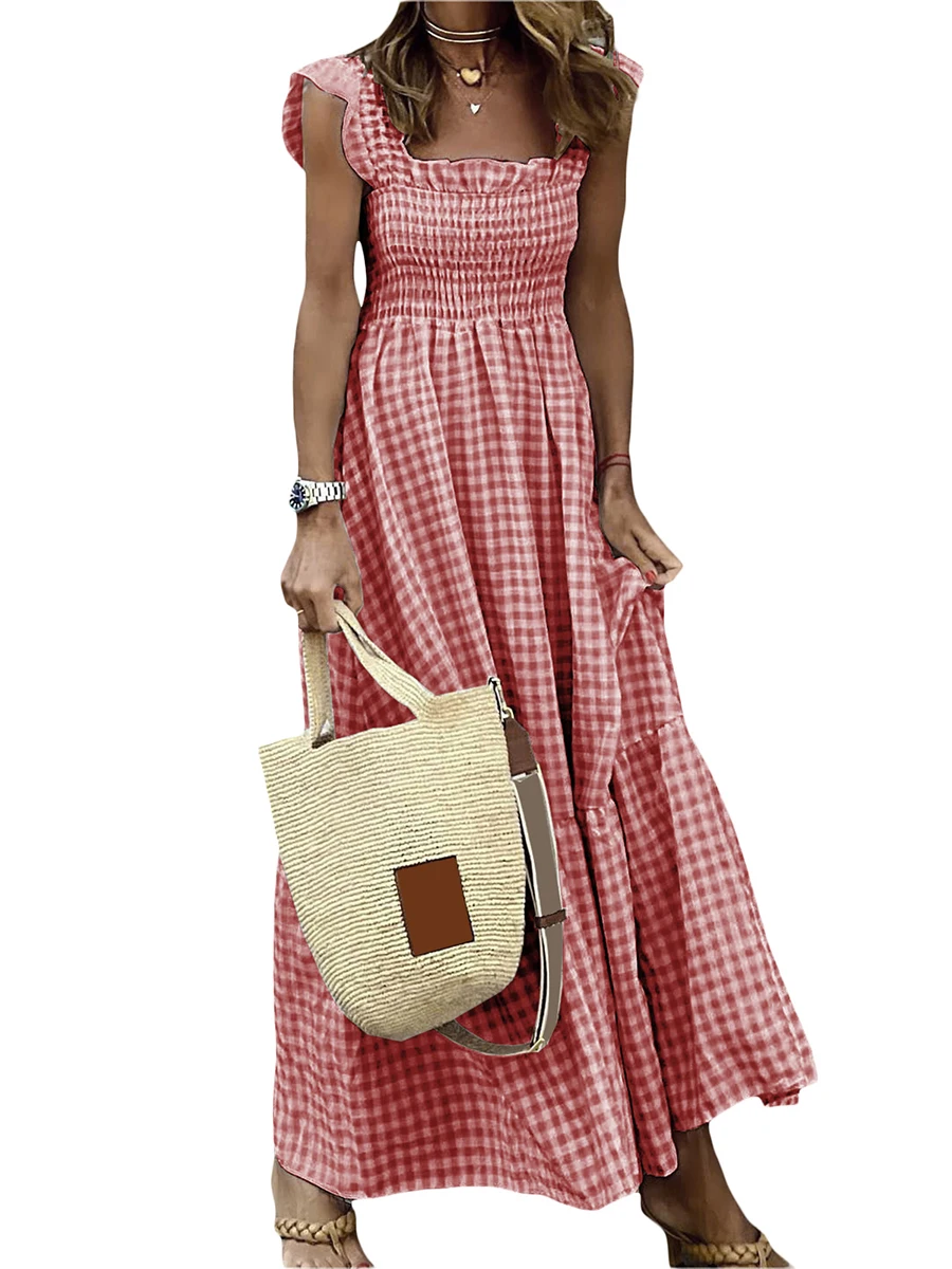 

Boho Chic for Women Sleeveless Plaid Print A-line Beach Dress with Shirred Detailing for Summer Style Statement
