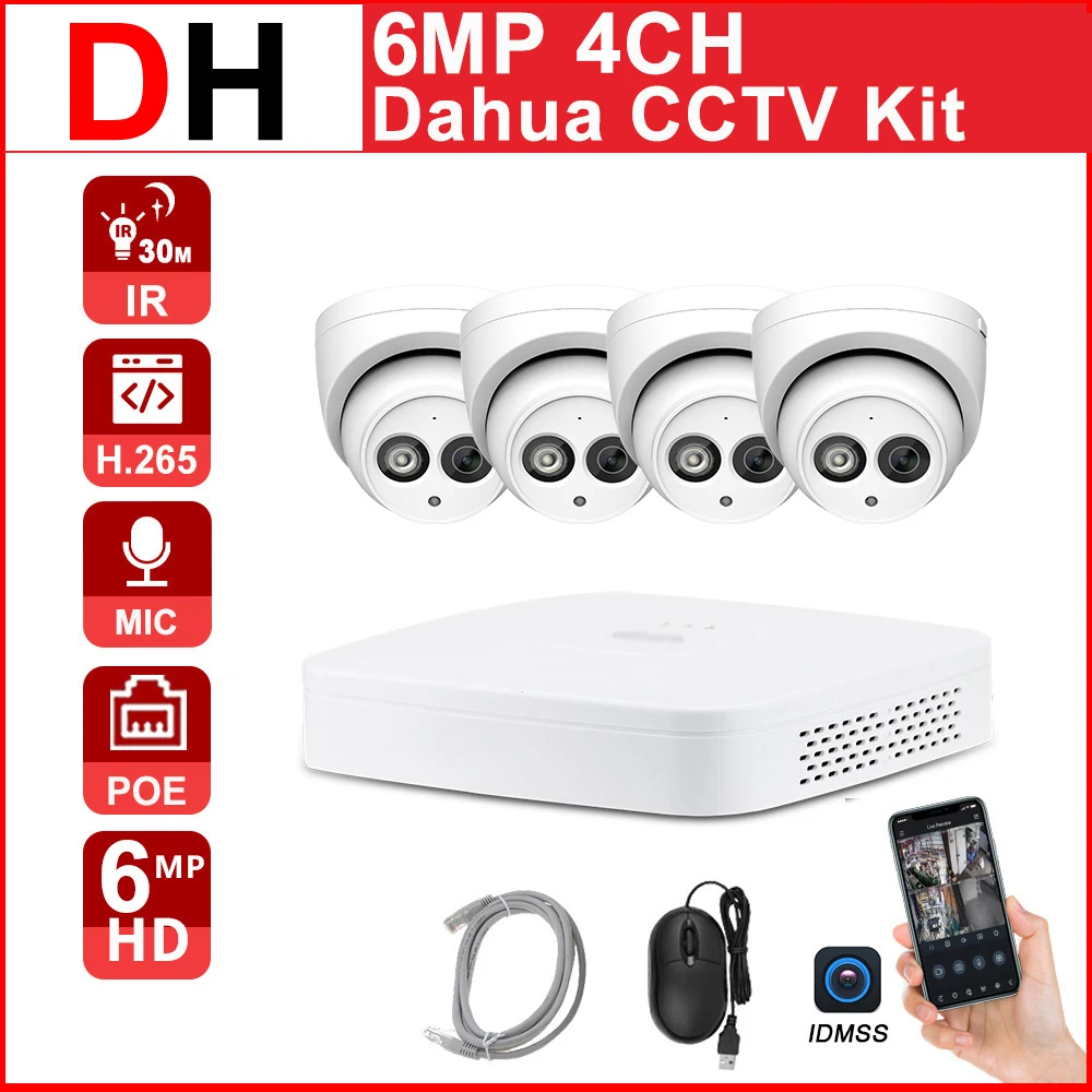 

DH CCTV kit POE NVR HD 6MP NVR4104-P-4KS2 IP Camera IPC-HDW4631C-A 4CH Motion detection APP P2P Built-in Mic